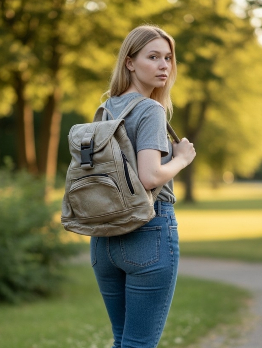 Casual Taupe Leather Backpack – Everyday Women’s Bag